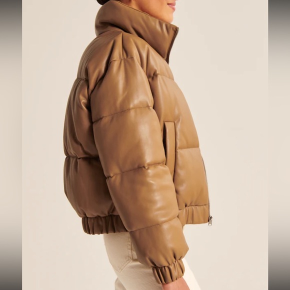 NWT Abercrombie & Fitch Ultra Mini Puffer Camel Vegan Faux Leather Bomber Sz XL - Picture 5 of 13